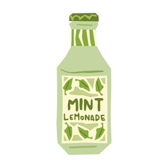 Mint Lemonade Bottle Illustration. Cartoon green bottle with mint leaves and label design. Fresh summer drink concept with citrus, herbal and refreshing elements.