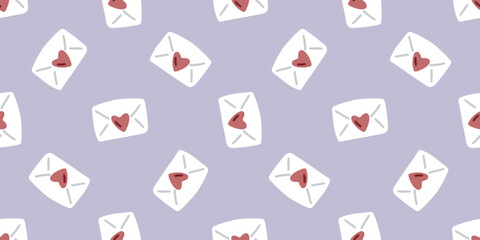 Seamless Envelope Heart Pattern Design. Cute white envelopes sealed with hearts on pastel purple background. Romantic valentine-inspired repeat for wrapping, cards, and textiles.