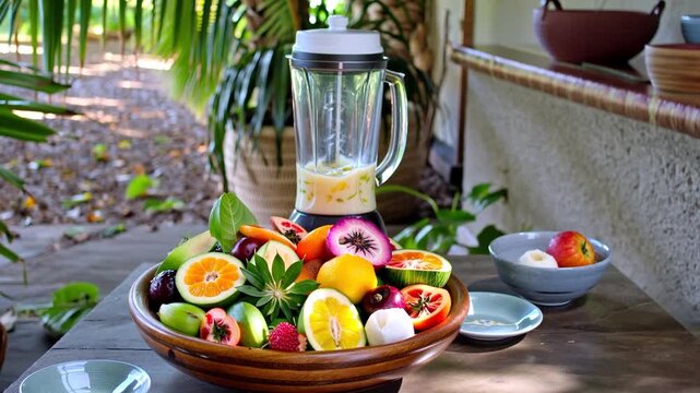Hand-carved wooden bowl overflows with fresh mango, banana, passionfruit, dragonfruit and coconut flesh near tall glass blender on stone countertop with bright filtered sunlight