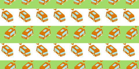Seamless Camper Van Travel Pattern. Orange camper vans with flags arranged on white and green background. Flat seamless cartoon pattern in bright summer palette.
