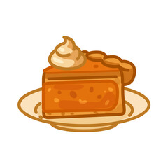 Pumpkin Pie Slice Cartoon Illustration. Cute piece of pumpkin pie with whipped cream on plate in warm autumn colors, flat cozy style on white background.