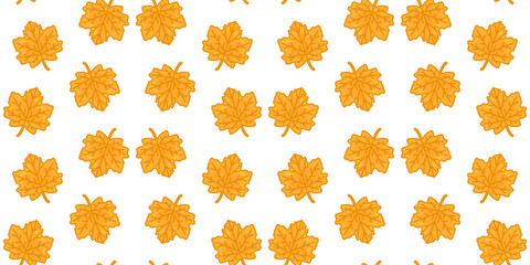 Seamless Yellow Maple Leaf Pattern. Cartoon yellow maple leaves evenly arranged on white background. Flat seamless autumn pattern with clean seasonal look.