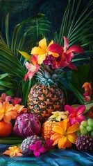 A vibrant still life of an opulent tropical fruit bounty with pineapple, orchids, and lush jungle leaves.