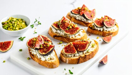 Delicious toast with figs and cream cheese on top, on marble table