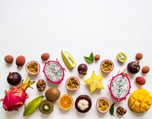 A colorful assortment of dragon fruit, starfruit, lychee, passion fruit, mangosteen, and mango neatly arranged on a white background