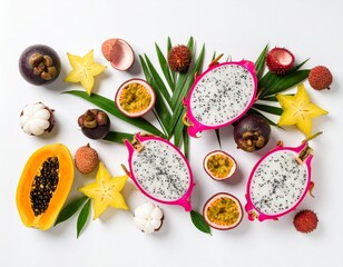 Fresh dragon fruits, passion fruits, lychees, mangosteens, papaya, and starfruits displayed with green leaves on a clean white background