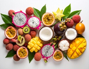 An exotic mix of dragon fruit, mango, coconut halves, lychee, mangosteen, kiwi, and passion fruit arranged with green leaves on a white background