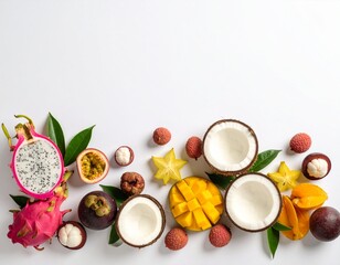Dragon fruit, coconut halves, mango, starfruit, passion fruit, and lychee placed neatly with mangosteen on a white background