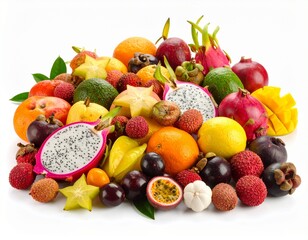 A rich and colorful collection of tropical fruits including dragon fruit, starfruit, lychee, mango, orange, mangosteen, and pomegranate