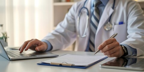 Fototapeta premium Doctor wearing white coat with stethoscope typing on laptop and writing on paper medical healthcare