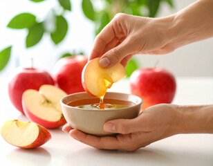 Apple Slice Dipped in Honey: Rosh Hashanah Celebration with Red Apples and Honey Bowl.