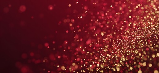 Sparkling particles in motion against a dark crimson background.