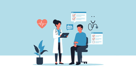 A female doctor in a white coat reviews information on a tablet with a seated male patient in a medical office setting.