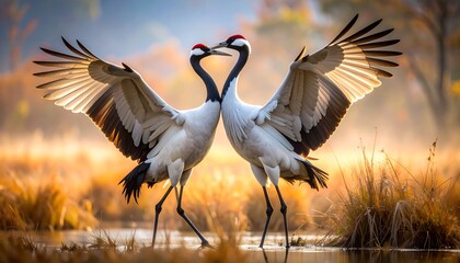 Two cranes in love, wings spread wide, morning light