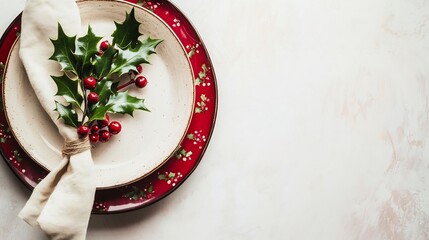Festive dinner plate set decorated with red and green holiday motifs complete with a sprig of holly and a linen napkin folded in a seasonal design