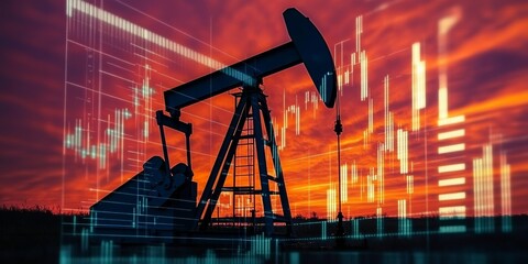 Pumping Unit at Field Site with Financial Chart Overlay Implicating Oil Industry Investment Trends