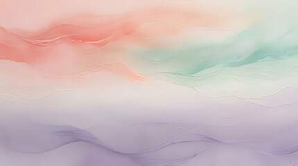 Abstract Watercolor Painting with Soft Blended Washes in Warm Peach, Coral, Pale Mint, and Lavender Tones, Textured Rough Paper Grain, Diagonal Gradient Composition, Serene and Ethereal Mood