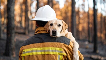 Firefighter Comforting Dog After Wildfire Devastation.