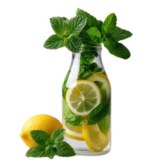 Refreshing glass of lemon water infused with fresh mint leaves and slices of juicy lemon against a bright background evoking a sense of summer and vitality.