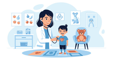 A female doctor uses a stethoscope to examine a young boy in a pediatrician's office, with colorful artwork and a teddy bear in the background.