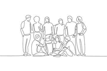 Diverse group of people standing and sitting together in a continuous line drawing