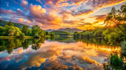Photo of a breathtaking sunset over a tranquil lake, with vibrant colors reflecting in the calm water and silhouetted trees and hills creating a serene landscape