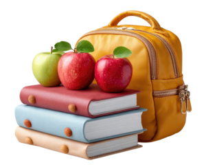 A backpack filled with books and fresh apples placed on a table creating a perfect back-to-school setup for students ready to learn and explore new knowledge in a fun way.