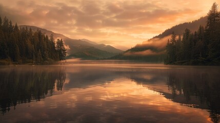 Fototapeta premium A breathtaking cinematic landscape of majestic mountains reflected in a calm lake during a beautiful sunset or sunrise, with warm sky colors.