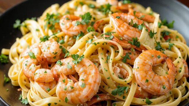 Delicious linguine with shrimps and parsley creating tasty dish.