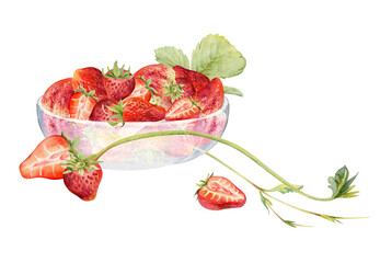 Strawberry berries full and cut in half served in glass bowl with leaves tendrils, ripe picked garden pineberry strasberry harvest. Isolated hand drawn watercolor illustration. Menu, grocery preserves