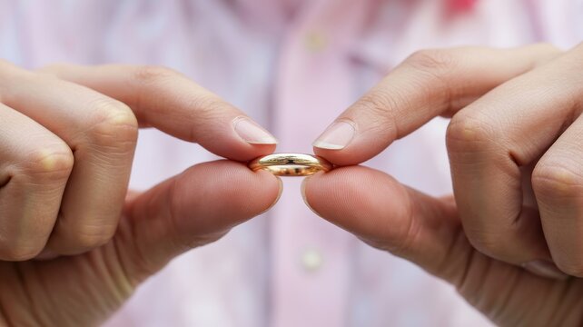 A person holds a gold ring between their fingers, symbolizing commitment, love, or a significant life event.