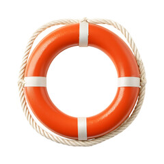 Orange lifebuoy with white rope, symbolizing safety, rescue, and marine assistance isolated on white background