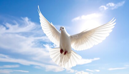 White dove soaring in a bright blue sky
