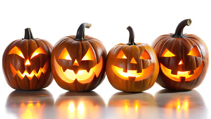 Four glowing jackolanterns with carved faces, isolated on a transparent background, representing halloween