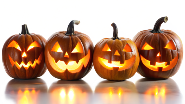 Four glowing jackolanterns with carved faces, isolated on a transparent background, representing halloween