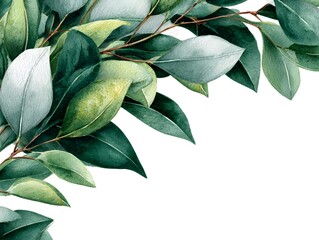 Detailed watercolor illustration of lush leaves and branches.