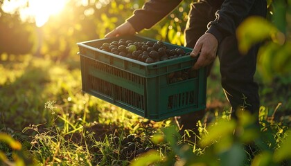Farmer carrying a crate of nuts in a sunlit orchard