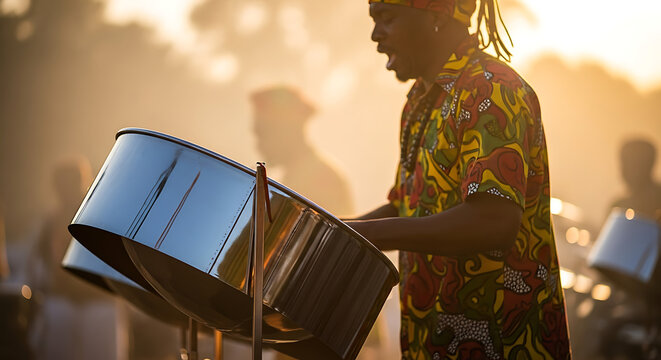 Musician with dreadlocks playing a steel pan drum at an outdoor festival during a beautiful sunset.