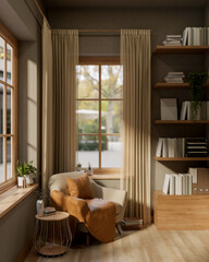 A fabric sofa or armchair aside bookshelf in a living room or library with sunlight through windows.