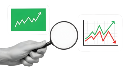 Examining Business Trends: Magnifying Glass Inspecting Growth and Decline Charts for Analysis