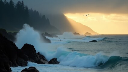 Dramatic coastal waves crashing against dark rocks at sunrise.