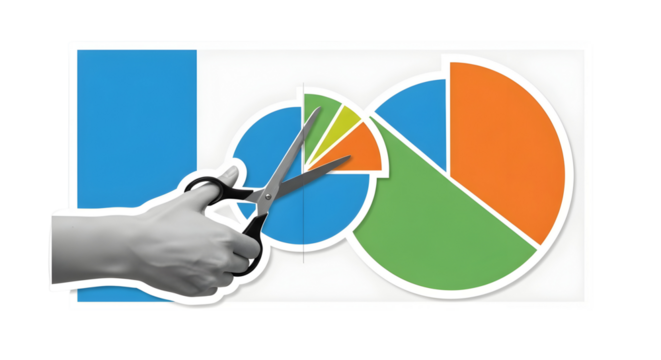 Budget Cuts: Scissors Trimming Pie Chart Illustrating Financial Restructuring and Savings Strategies