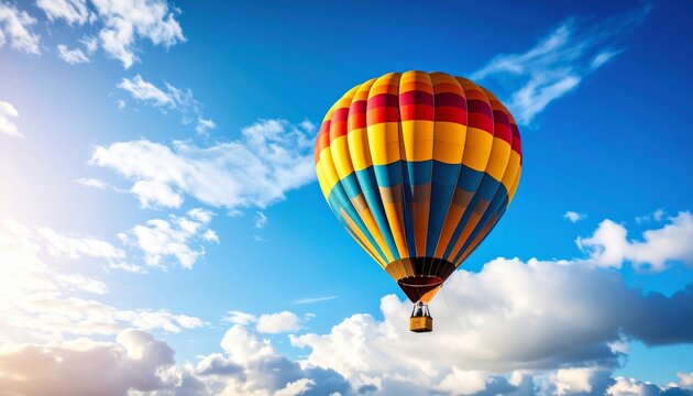 Colorful hot air balloon with striped envelope floating in clear sky with scattered clouds.