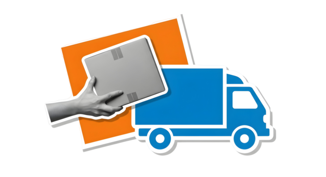 Delivery truck shipping a package and a hand is holding the box for efficient service. - Powered by Adobe