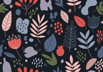 A rich seamless pattern of stylized leaves and flowers evokes a whimsical forest floor, rendered in a sophisticated, earthy palette on a dark navy background.