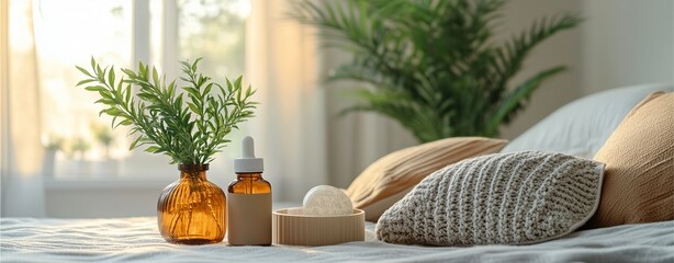 Winter wellness routine realistic indoor plants, aromatherapy diffuser, and sleep mask by bedside in winter morning 