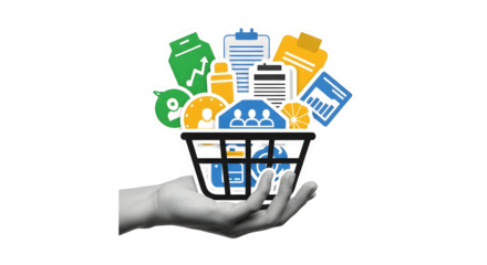 Hand Holding Basket Full of Business Icons - Management, Data, Planning, and Productivity
