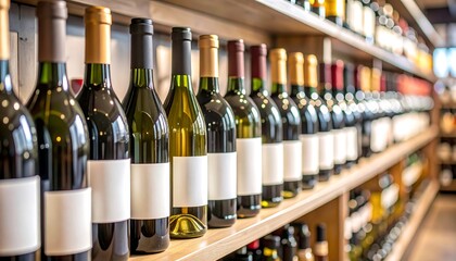 Rows of wine bottles with blank labels on wooden shelves in a store