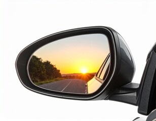 Fototapeta premium Sunset Reflected in Car Side Mirror Road Trip Journey.