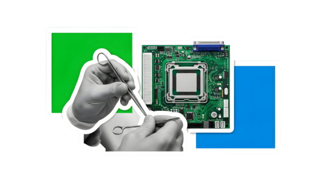 Precision Tech: Surgical hands upgrade motherboard with vivid green and blue accents.